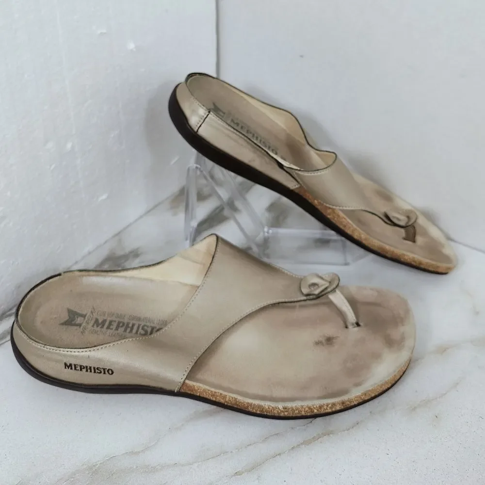 Mephisto Air-Relax Metallic Gold Leather Thong Sandals, Sz 10